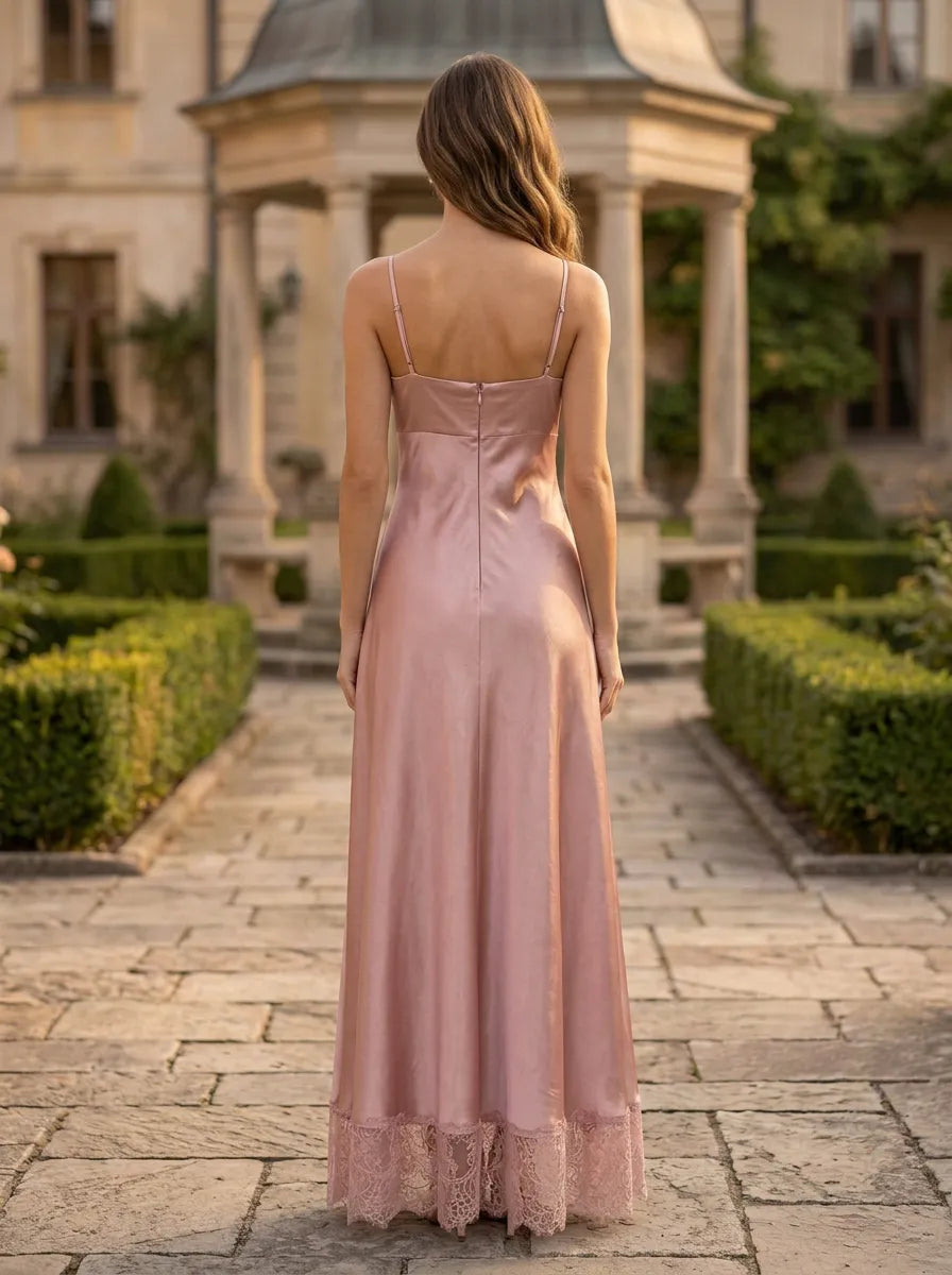 Asymmetric Twist Satin Column Gown with Lace Trim Bridesmaid Dress