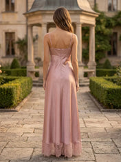 Asymmetric Twist Satin Column Gown with Lace Trim Bridesmaid Dress