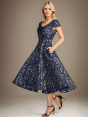 A-Line V-Neck Tea-Length Jacquard Floral Mother of the Bride Dress