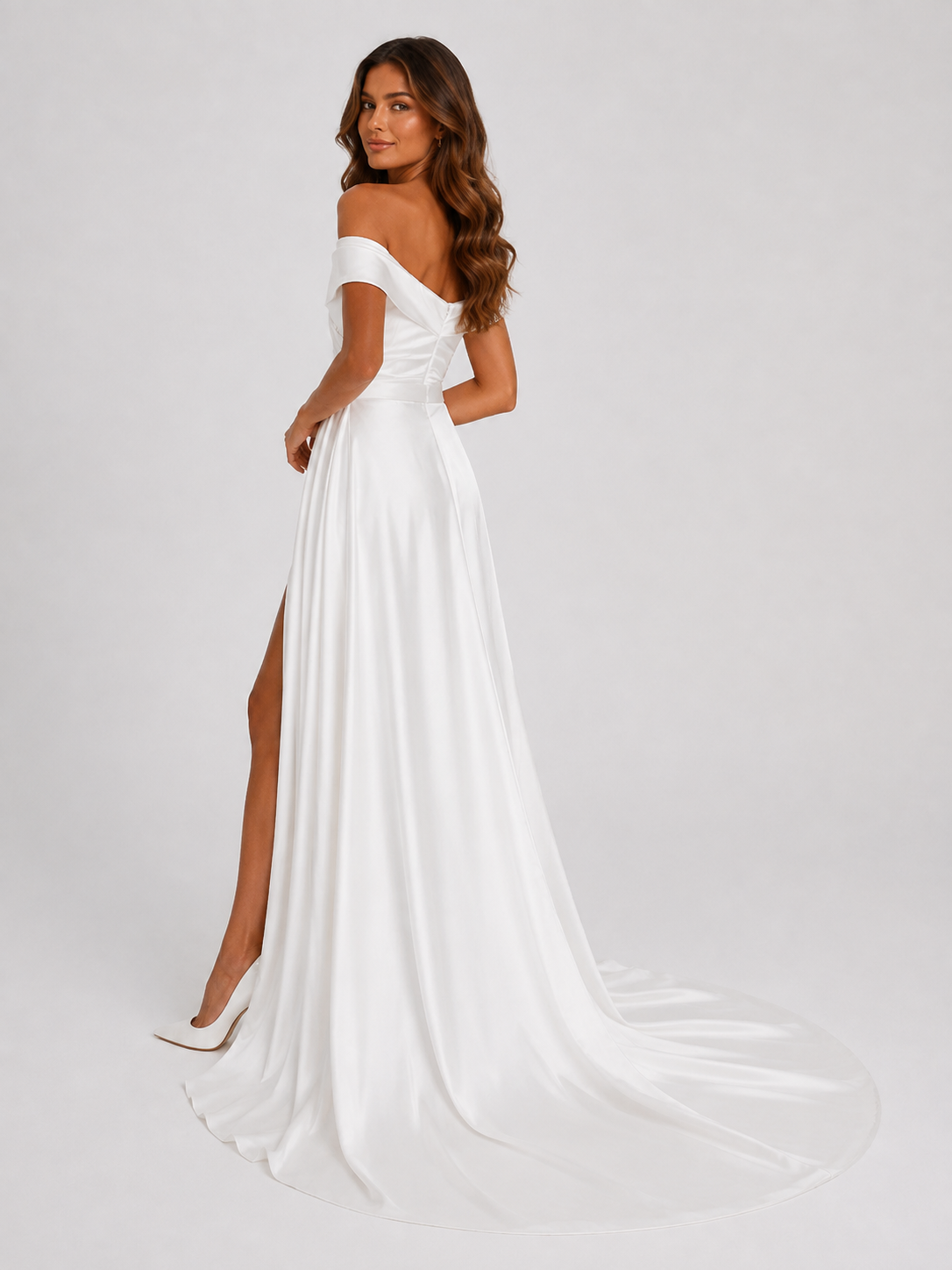 Elegant Off-the-Shoulder Ruched Satin A-Line Wedding Dress with High Slit and Chapel Train