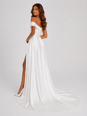 Elegant Off-the-Shoulder Ruched Satin A-Line Wedding Dress with High Slit and Chapel Train