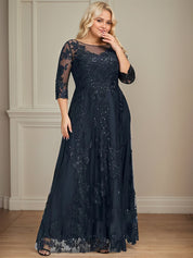 A-line Scoop Illusion Floor-Length Tulle Lace Mother of the Bride Dress With Sequins