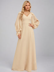 Champagne A-Line V-Neck Floor-Length Chiffon Bridesmaid Dress With Bow