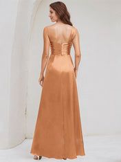 A Line Satin One Shoulder Sleeveless Floor Length Dress With Slit