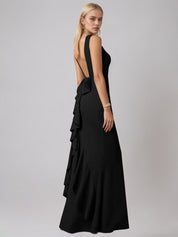 Black Sheath/Column Satin Scoop Neck Sleeveless Floor Length Dress With Bow