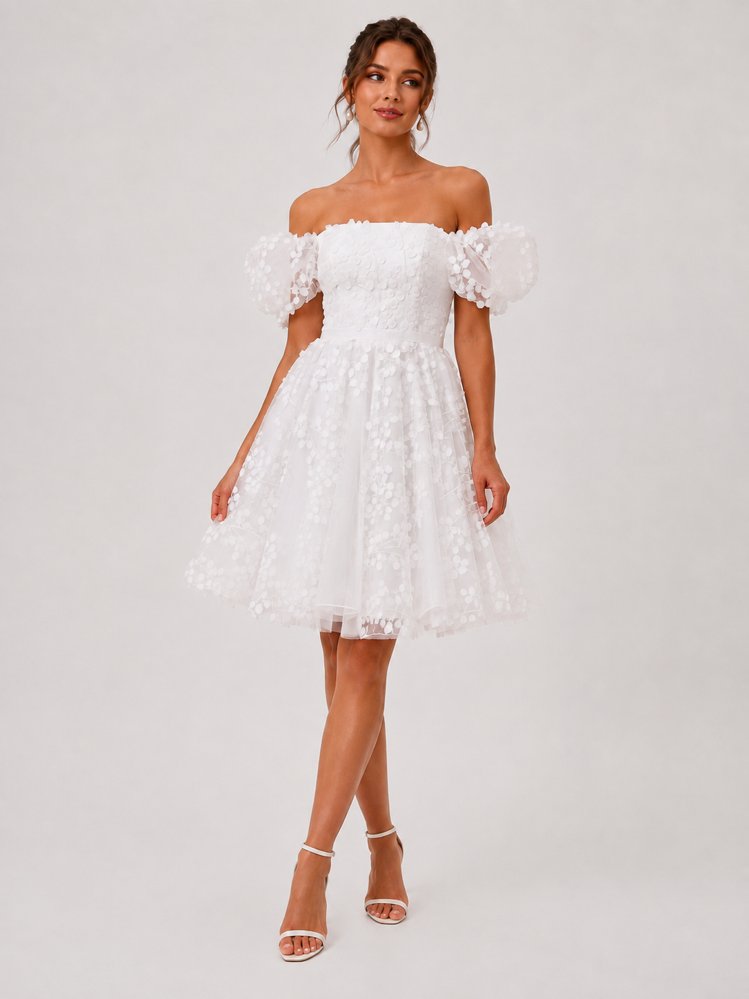 Elegant Off-the-Shoulder Short Bubble Sleeve A-Line Wedding Dress with Textured Floral Tulle