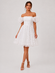 Elegant Off-the-Shoulder Short Bubble Sleeve A-Line Wedding Dress with Textured Floral Tulle