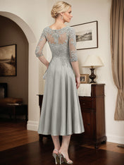 Silver A-line Illusion Scoop Tea-Length Lace Satin Mother of the Bride Dress With Beading Sequins
