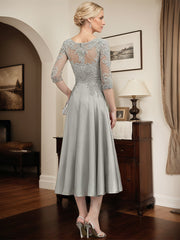 Silver A-line Illusion Scoop Tea-Length Lace Satin Mother of the Bride Dress With Beading Sequins