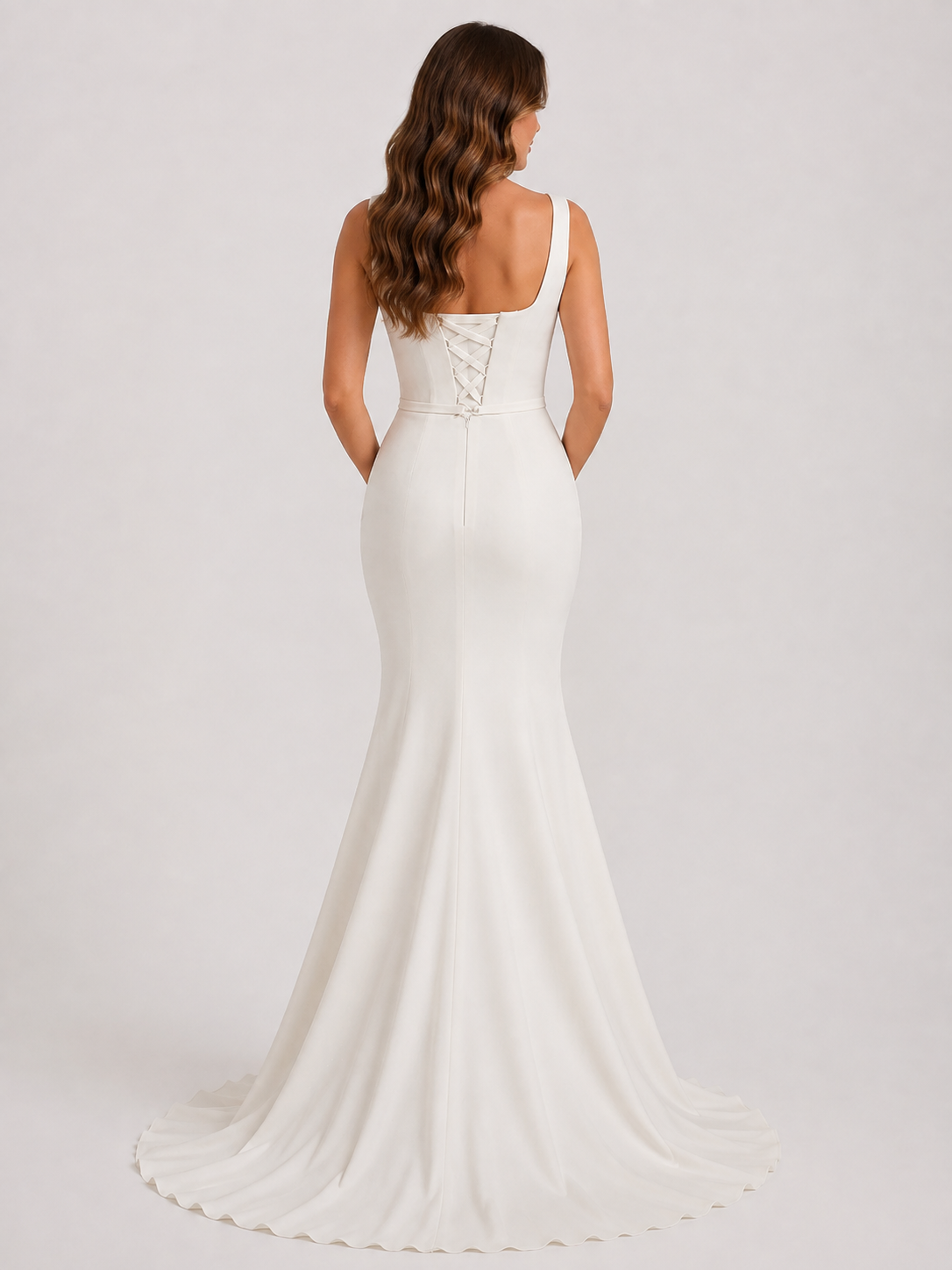 Elegant Square Neck Satin Sheath Wedding Dress with Lace-Up Back and Chapel Train