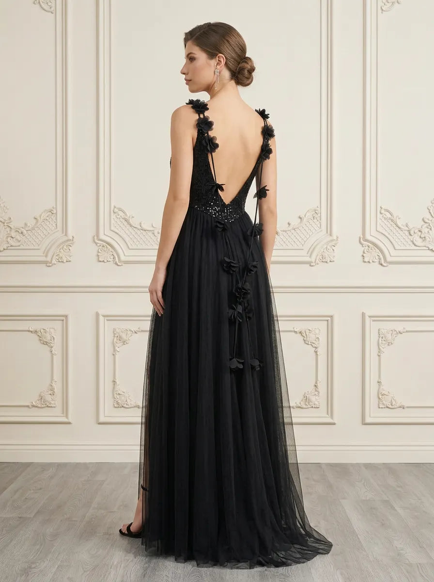 Black V-Neck Sequin Tulle Evening Dress with Slit
