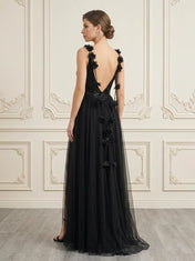 Black V-Neck Sequin Tulle Evening Dress with Slit