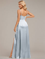 Dusty Blue Sheath/Column Spaghetti Straps Floor-Length Satin Bridesmaid Dress