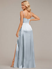 Dusty Blue Sheath/Column Spaghetti Straps Floor-Length Satin Bridesmaid Dress