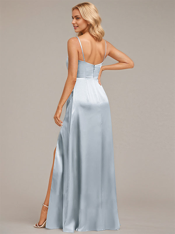 Dusty Blue Sheath/Column Spaghetti Straps Floor-Length Satin Bridesmaid Dress