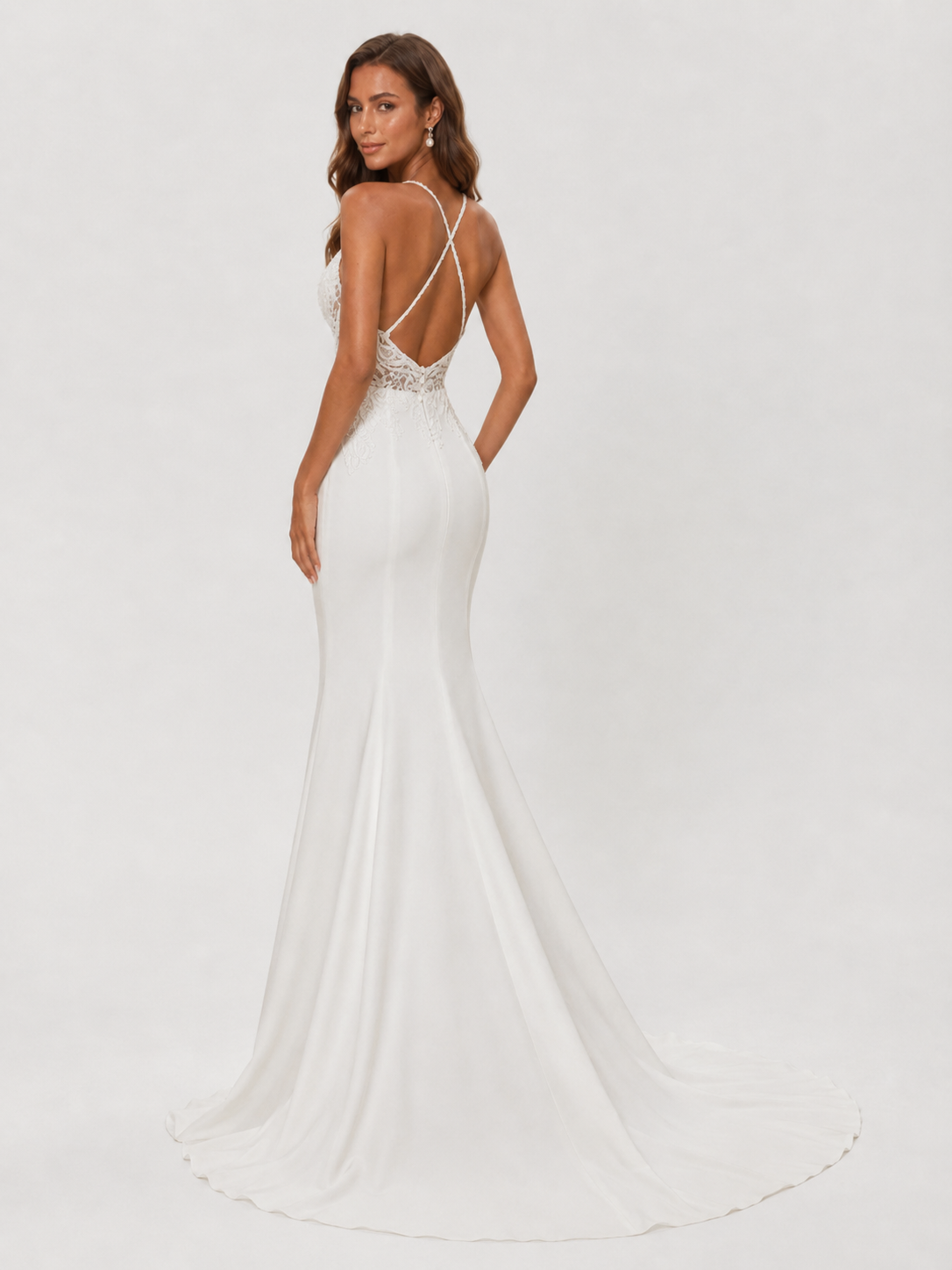 Elegant Beaded Lace Applique Satin Sheath Wedding Dress with Sweep Train