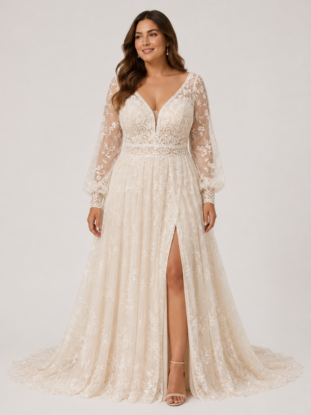 Elegant A-Line Long-Sleeve Lace Wedding Dress with High Slit and Sweep Train
