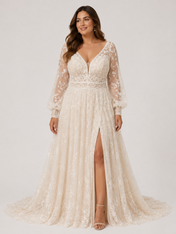 Elegant A-Line Long-Sleeve Lace Wedding Dress with High Slit and Sweep Train