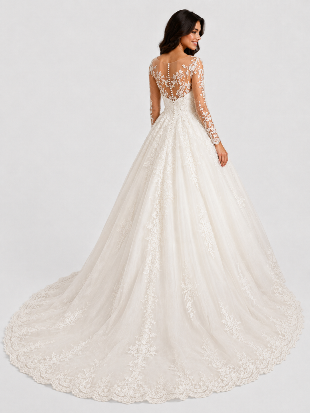 Elegant Illusion Long-Sleeve Lace Tulle A-Line Wedding Dress with Chapel Train