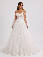 Elegant Sweetheart Lace Applique A-Line Wedding Dress with Detachable Sleeves and Chapel Train