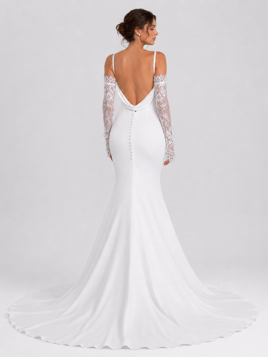 Elegant Spaghetti Strap Cowl Neck Satin Mermaid Wedding Dress with Detachable Lace Sleeves and Chapel Train