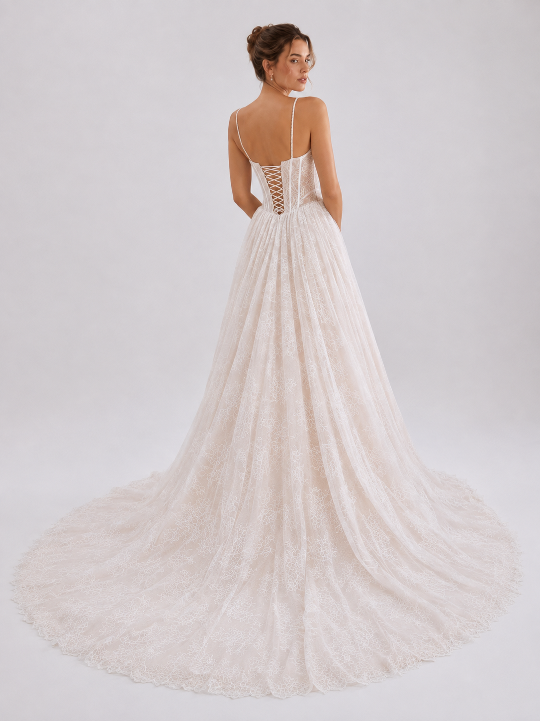 Elegant Spaghetti Strap Corset Lace A-Line Wedding Dress with Chapel Train