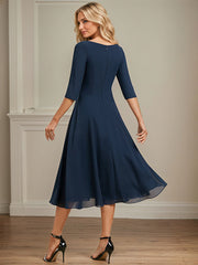 A-line V-Neck Tea-Length Chiffon Mother of the Bride Dress With Pleated
