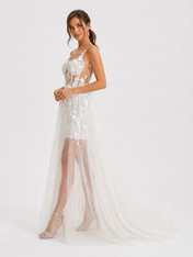 Elegant Spaghetti Strap 3D Floral Applique A-Line Wedding Dress with Sheer Over-Skirt and Chapel Train