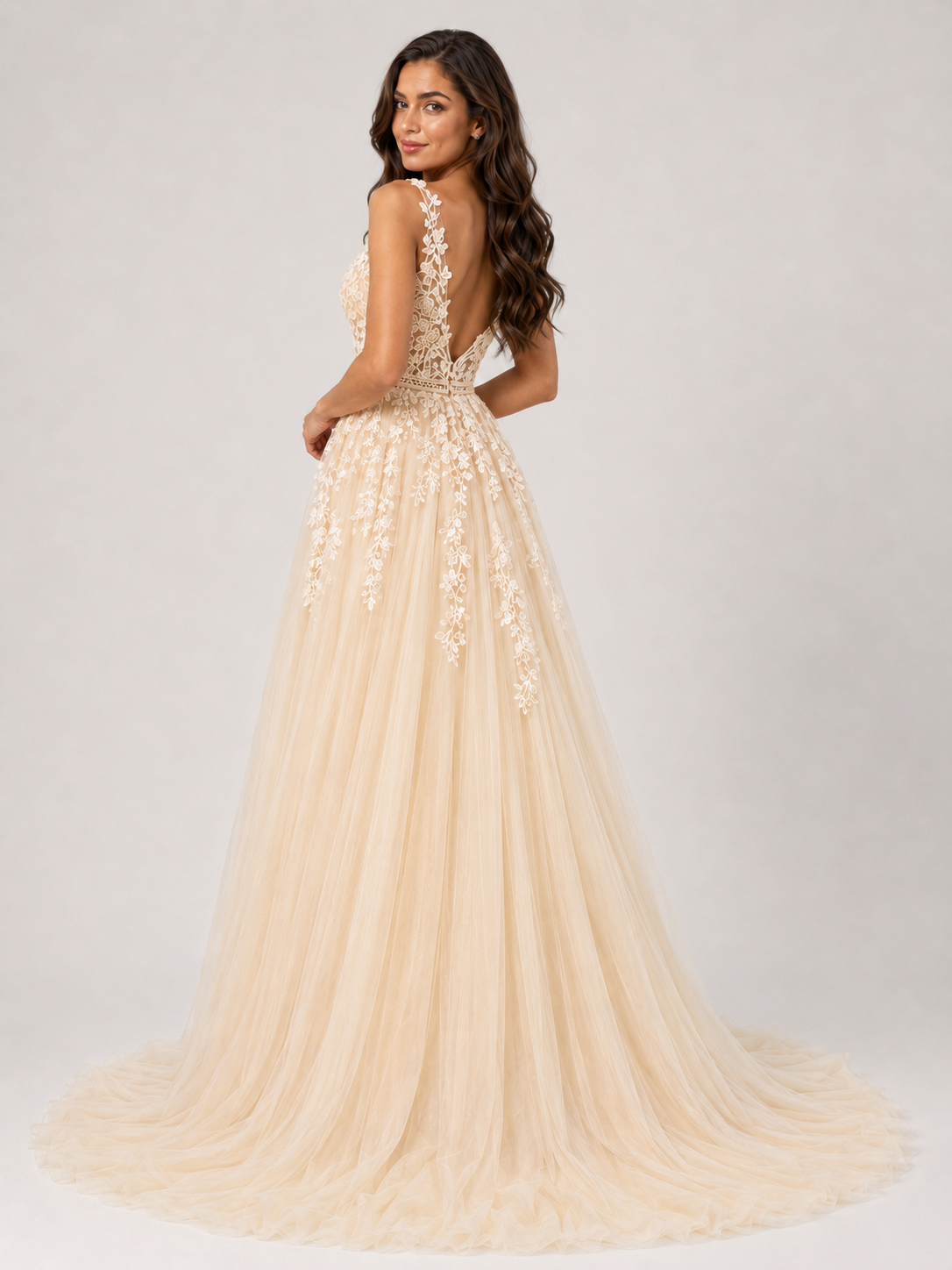 Elegant Floral Applique Tulle A-Line Wedding Dress with Sweep Train