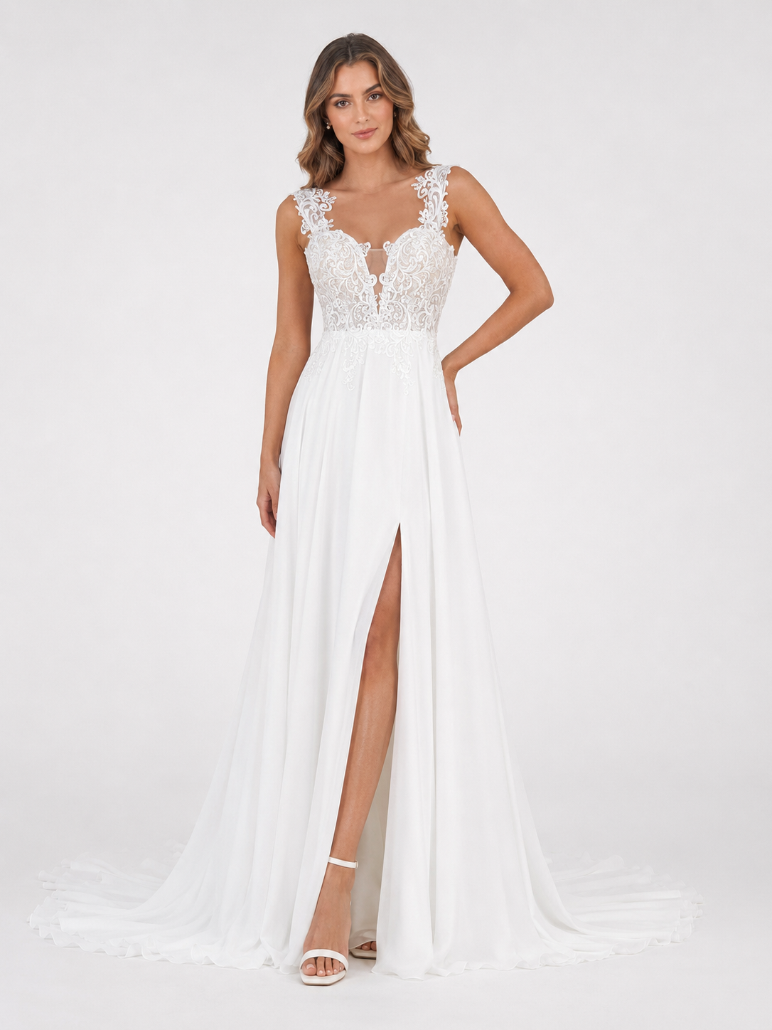 Elegant Sleeveless Lace Applique Chiffon A-Line Wedding Dress with High Slit and Chapel Train