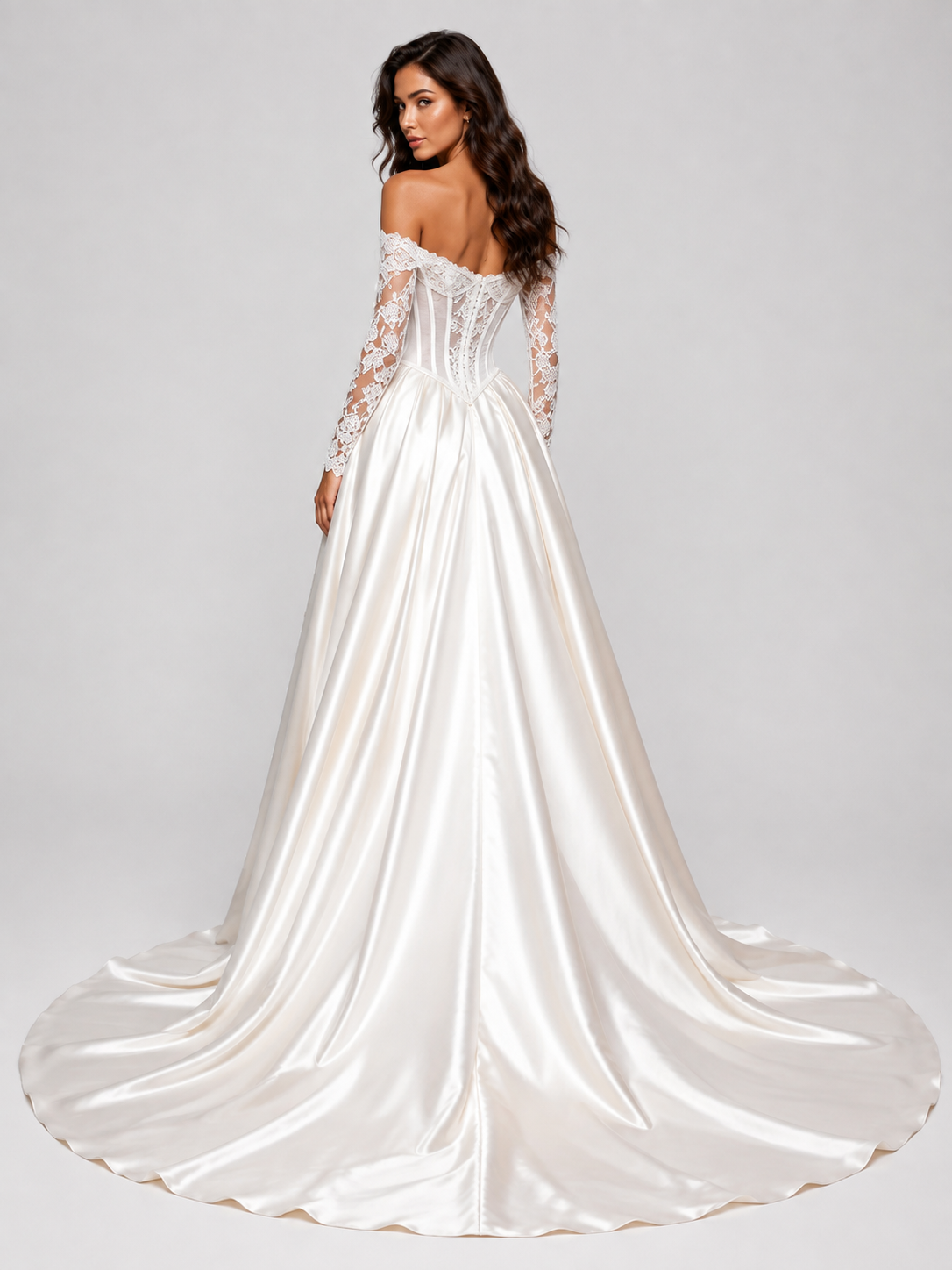 Elegant Off-the-Shoulder Lace Corset Satin A-Line Wedding Dress with High Slit and Chapel Train
