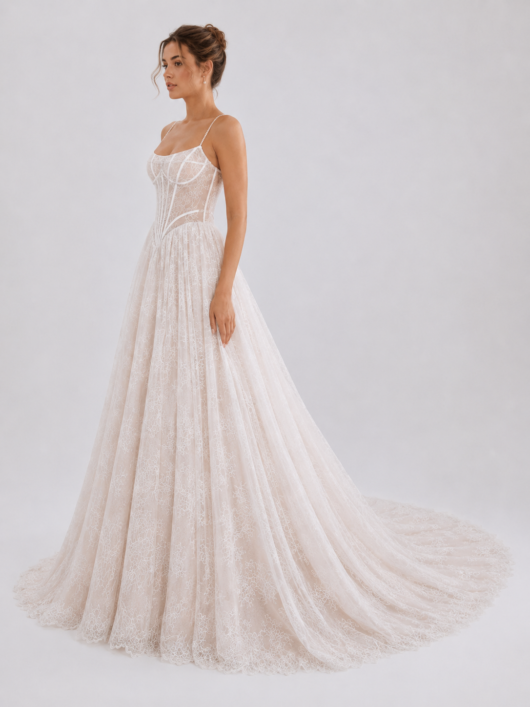 Elegant Spaghetti Strap Corset Lace A-Line Wedding Dress with Chapel Train