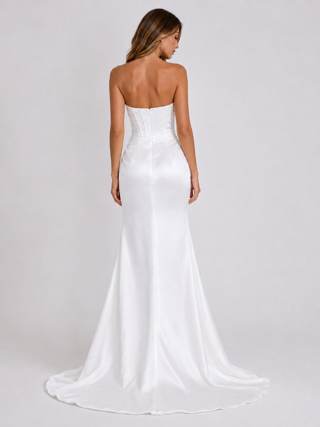 Elegant Strapless Ruched Satin Sheath Wedding Dress with High Slit and Chapel Train