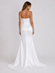 Elegant Strapless Ruched Satin Sheath Wedding Dress with High Slit and Chapel Train