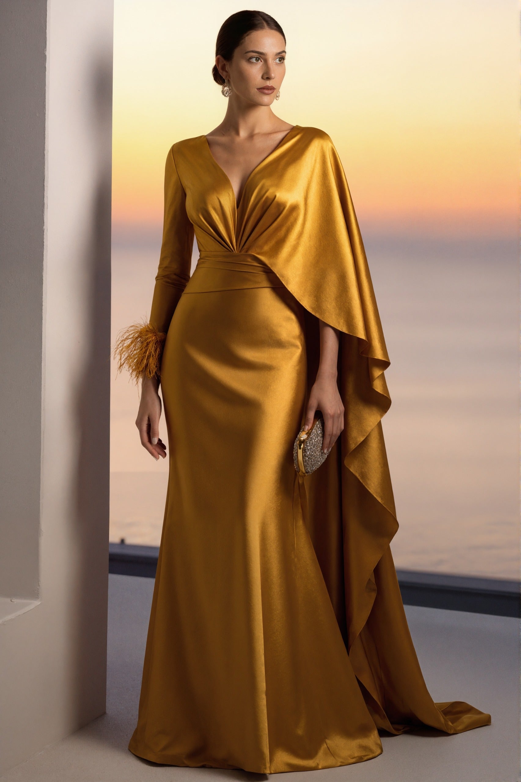 Evening Formal Gold Satin Dress V Neck Long Sleeve Cape Maxi Gown