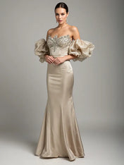 Evening dress Champagne color puff sleeve tube top mermaid floor length dress