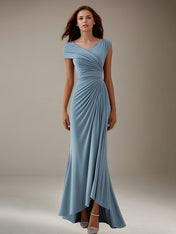 Wedding Guest Party Dress Blue V-Neck Sleeveless Asymmetric Pleated Dress