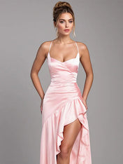 Party Dress Pink Strapless High Slit Ruffled Maxi Dress