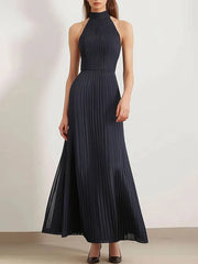 Party Daily Pleated Dress Halter Black Sleeveless Maxi Dress