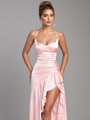 Party Dress Pink Strapless High Slit Ruffled Maxi Dress