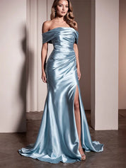 Party Dress Sky Blue Sleeveless High Slit Mermaid Skirt