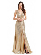 Formal Evening Gold Dress Pleated Sleeveless Metallic V-Neck Slit Floor-Length Dress