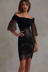Cocktail Party Dress Off Shoulder Ruched Sequin Mesh Bodycon Mini Dress