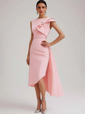 Wedding Guest Semi-Formal Dress Pink Sleeveless Bow Asymmetrical Midi Dress