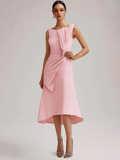 Wedding Guest Pink Dress Round Neck Sleeveless Bow Midi Dress