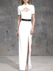 Cocktail Party Dress White Small Stand Collar Slit Floor-Length Dress