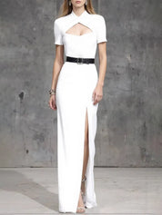 Cocktail Party Dress White Small Stand Collar Slit Floor-Length Dress