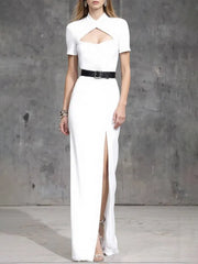 Cocktail Party Dress White Small Stand Collar Slit Floor-Length Dress