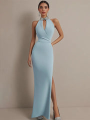 Wedding Guest Dress Light Blue Halter Neck Sleeveless Side Slit Maxi Dress