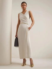 Work Semi-Formal Dress Beige V-Neck Sleeveless Pocketed Maxi Dress